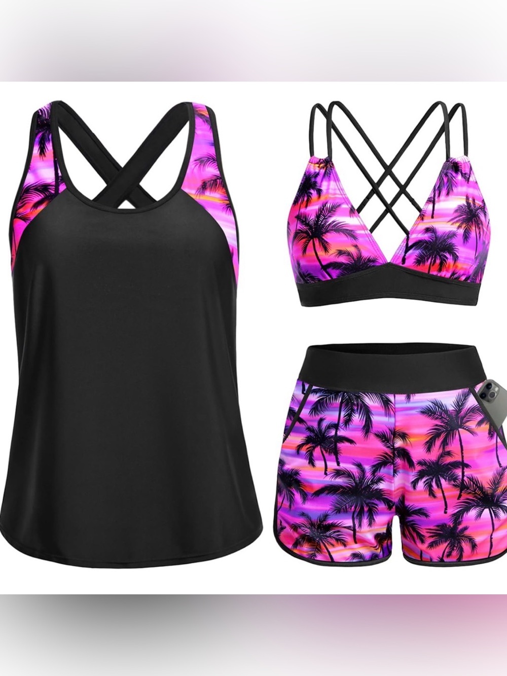 Women's 3-Piece Tropical Palm Swim Set - Black & Pink Large